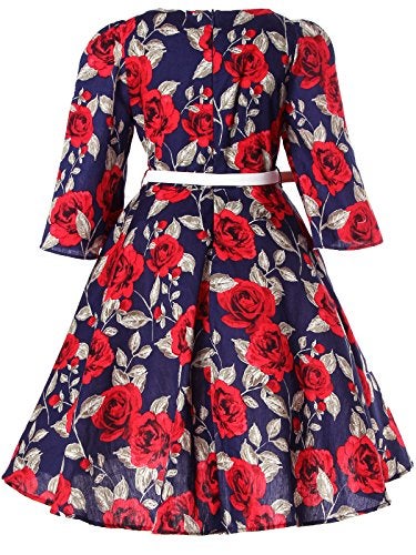 Bonny Billy Girls Vintage Floral Swing Kids Casual Dress with Belt 4-5 Years Floral Red - Image 3