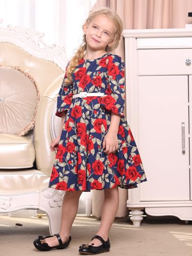 Bonny Billy Girls Vintage Floral Swing Kids Casual Dress with Belt 4-5 Years Floral Red - Image 2