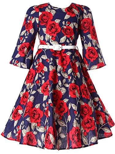Bonny Billy Girls Vintage Floral Swing Kids Casual Dress with Belt 4-5 Years Floral Red - Image 1