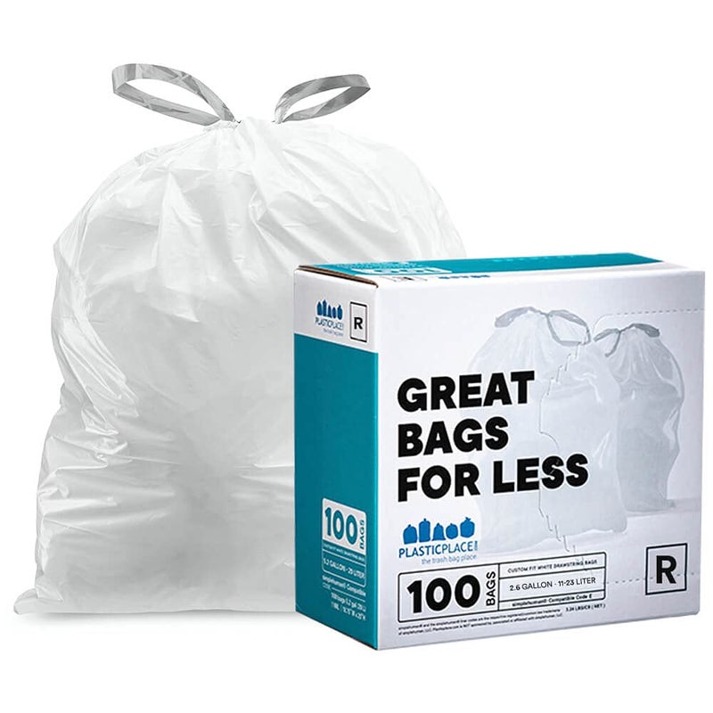 Plasticplace Custom Fit Trash Bags, Compatible with Simplehuman Code R (100 Count) White Drawstring Garbage Liners 2.6 Gallon/ 10 Liter 16.5" x 18" - Image 1