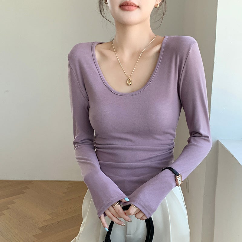 Coconut Fiber Large U-Neck Base Layer Autumn/Winter Brushed Inner T-Shirt Long Sleeve Waist-Controlled Slim Fit Wrinkle Cover Top