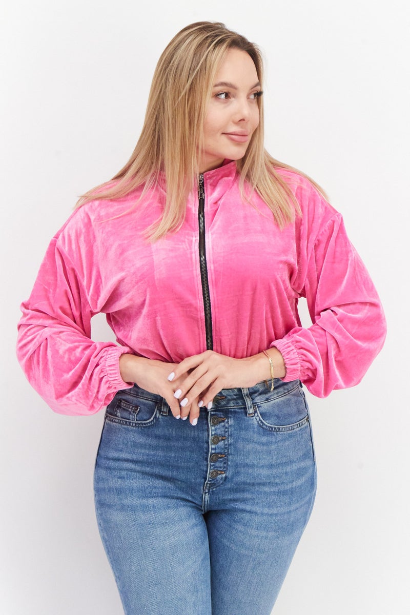 STEVE MADDEN Women Mock Neck Long Sleeve Textured Crop Sweatshirt, Pink - Image 1