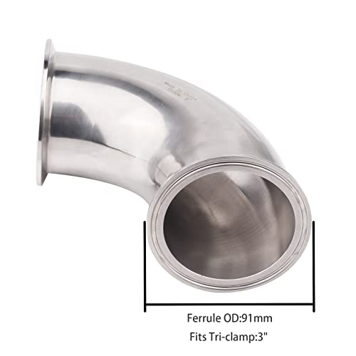 DERNORD Sanitary Ferrule Elbow 90 Degree Pipe Fitting with 2 Piece Silicone Gasket SS304 Tri Clamp (3" Tube OD) - Image 2