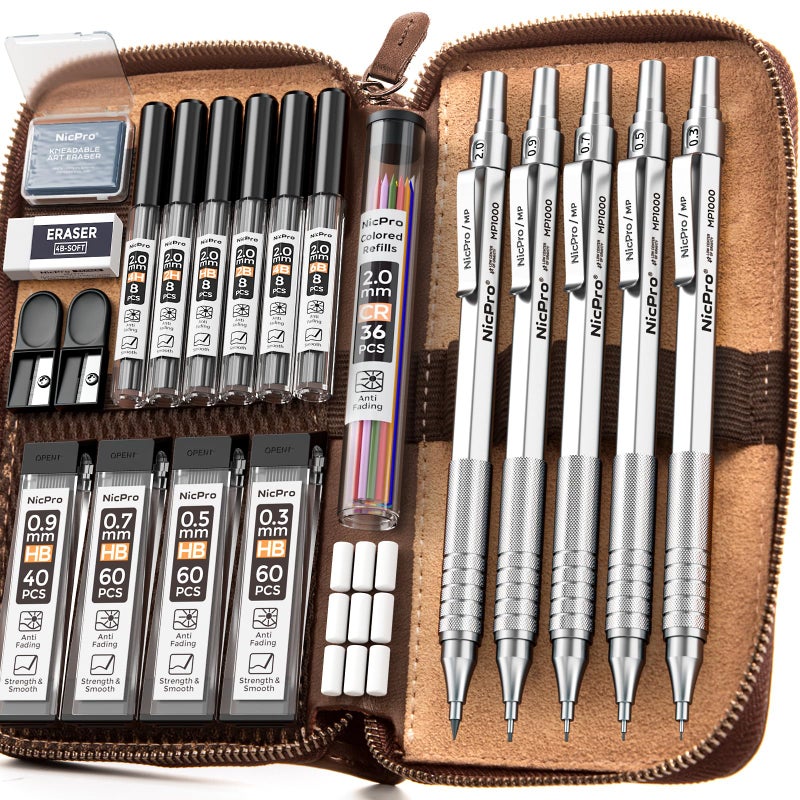 نيكبرو مجموعة أقلام رصاص ميكانيكية معدنية من نيكبرو، 20 قطعة، في حافظة جلدية، أقلام رسم فنية بمقاسات 0.3، 0.5، 0.7، 0.9 مم و2 مم، حوامل رصاص، 9 أنابيب إعادة تعبئة رصاص (ألوان 4B، 2B، HB، 2H)، ممحاة للرسم والتخطيط - Image 1