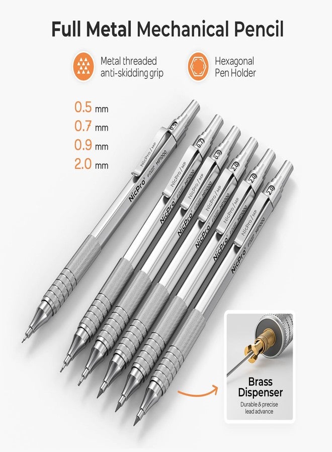 نيكبرو مجموعة أقلام رصاص ميكانيكية معدنية من نيكبرو، 20 قطعة، في حافظة جلدية، أقلام رسم فنية بمقاسات 0.3، 0.5، 0.7، 0.9 مم و2 مم، حوامل رصاص، 9 أنابيب إعادة تعبئة رصاص (ألوان 4B، 2B، HB، 2H)، ممحاة للرسم والتخطيط - Image 2