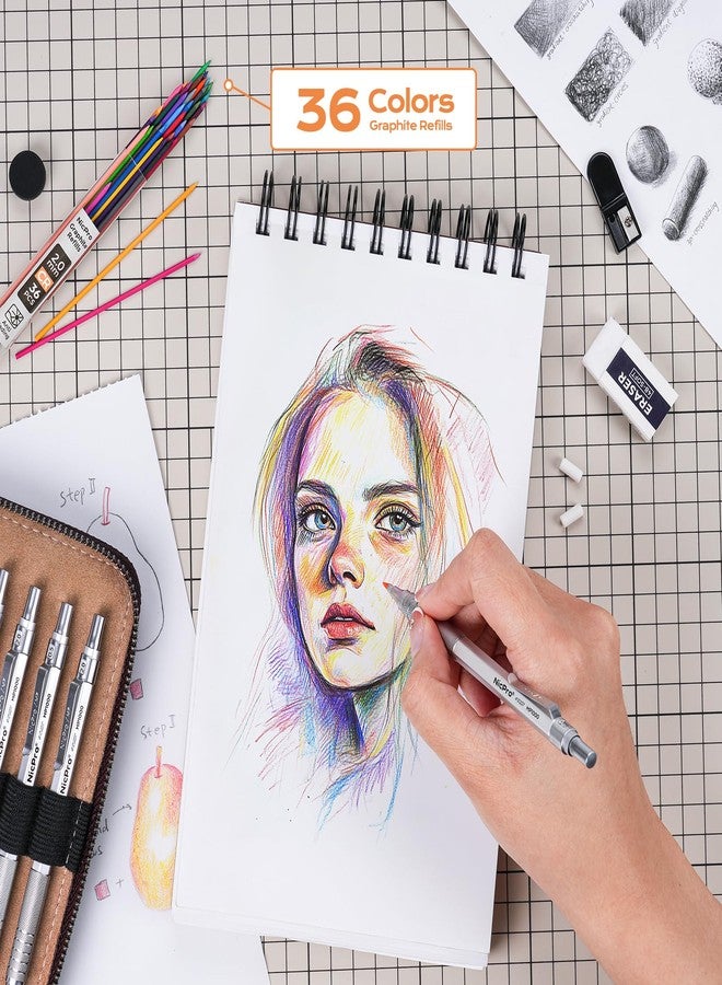 نيكبرو مجموعة أقلام رصاص ميكانيكية معدنية من نيكبرو، 20 قطعة، في حافظة جلدية، أقلام رسم فنية بمقاسات 0.3، 0.5، 0.7، 0.9 مم و2 مم، حوامل رصاص، 9 أنابيب إعادة تعبئة رصاص (ألوان 4B، 2B، HB، 2H)، ممحاة للرسم والتخطيط - Image 4