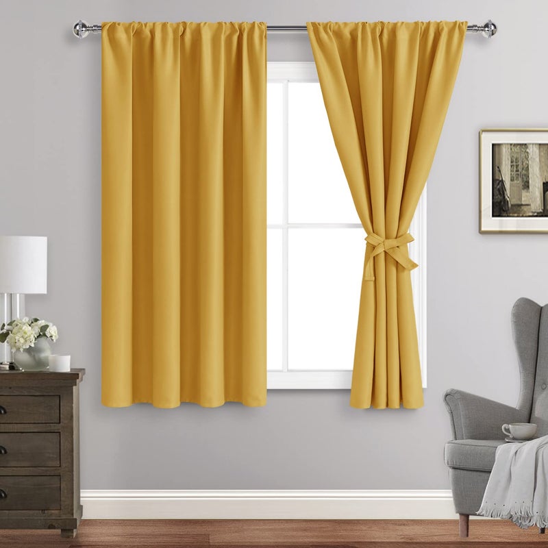 JIUZHEN Blackout Curtains for Bedroom - Thermal Insulated Room Darkening Rod Pocket Curtains for Living Room  Set of 2 Panels with Tiebacks  42 x 45 Inch Length  Mustard Yellow - Image 1