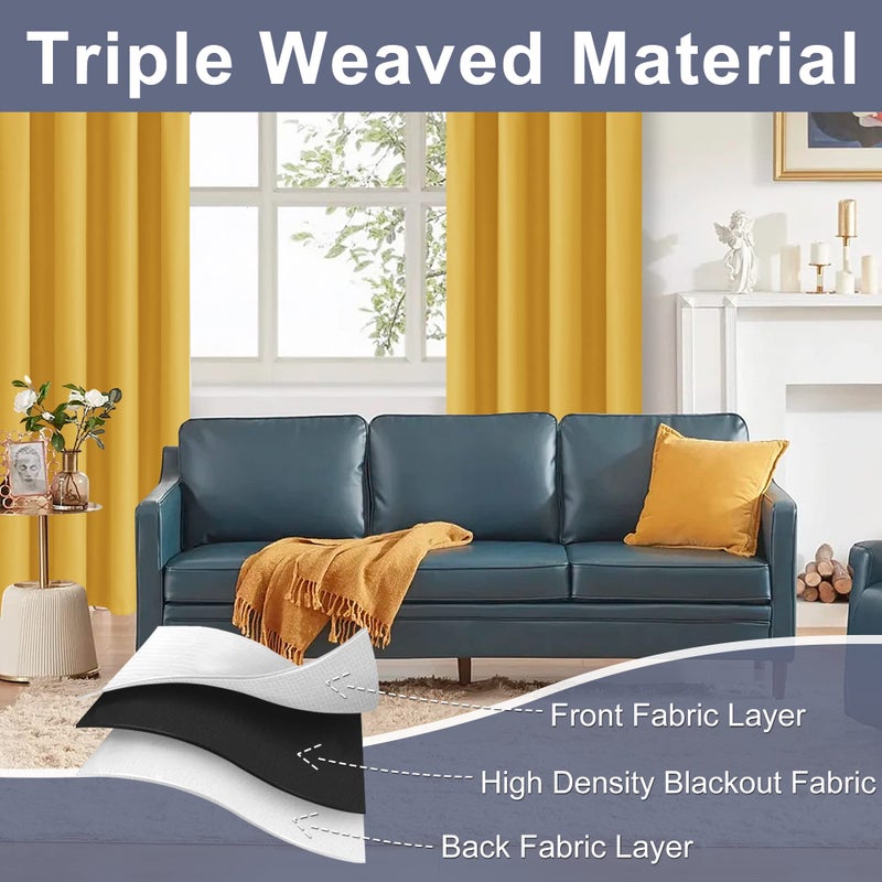 JIUZHEN Blackout Curtains for Bedroom - Thermal Insulated Room Darkening Rod Pocket Curtains for Living Room  Set of 2 Panels with Tiebacks  42 x 45 Inch Length  Mustard Yellow - Image 4