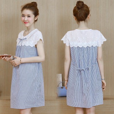 Maternity 2021 Summer Korean Fashion Lace Stitching Striped Fresh Baby Doll Collar Pregnant Women Dress Haig