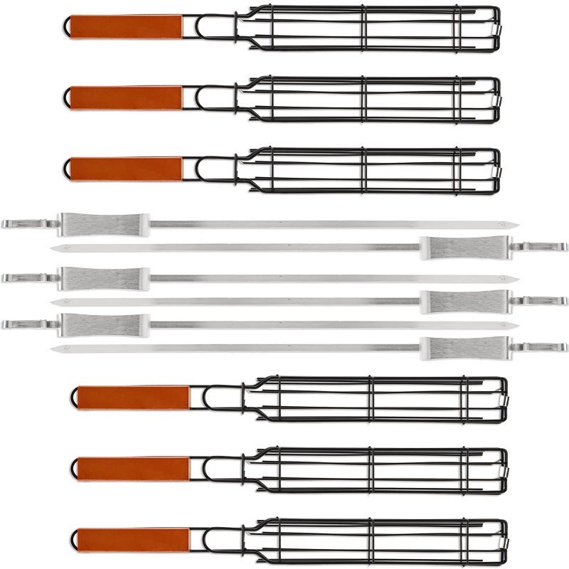DEAYOU Set of 12 Kabob Grilling Baskets and Skewers Stainless Steel BBQ Grill Basket Kebab Skewer Nonstick Portable Barbecue Grate with Handle for Fish Veggies Steak 6 Baskets and 6 Skewers