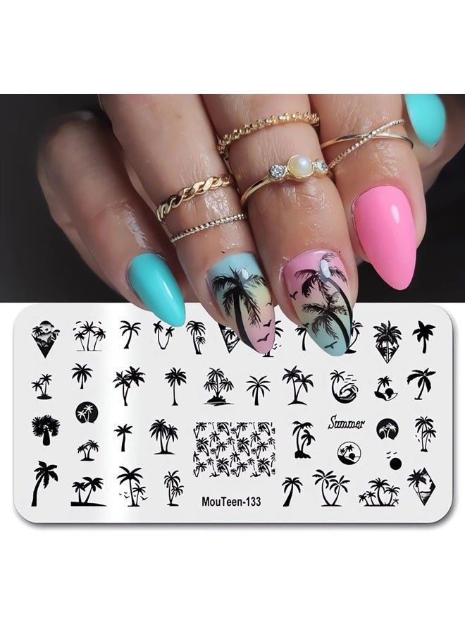 OCOUYVD Summer Nail Art Stamping Plates Palm Coconut Tree Pattern Designs Nail Stamp Templates Holiday Nail Decorations DIY Stainless Steel Nail Image Polish Template Nail Supplies for Women - Image 1