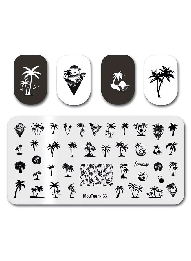 OCOUYVD Summer Nail Art Stamping Plates Palm Coconut Tree Pattern Designs Nail Stamp Templates Holiday Nail Decorations DIY Stainless Steel Nail Image Polish Template Nail Supplies for Women - Image 2