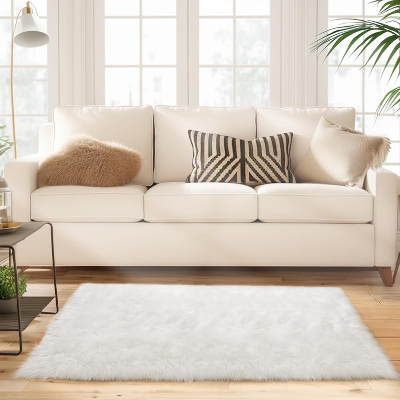 Ciicool White Fluffy Faux Fur Rug, Small Washable Sheepskin for Bedroom, Sofa Couch Seat Cushion, Thick Shaggy Carpets for Bedside Living Room, 2x4 ft - Image 2