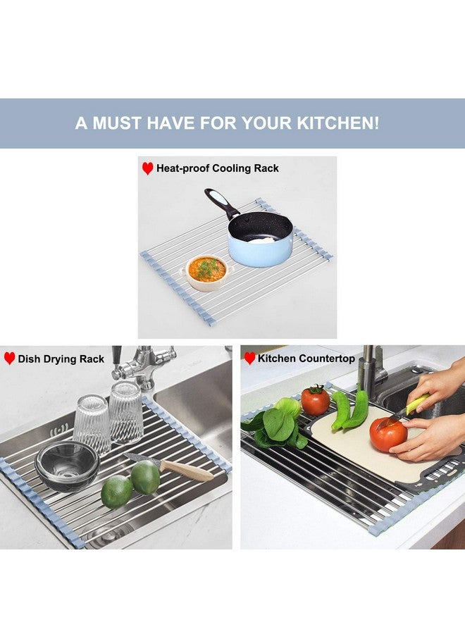 MECHEER Over The Sink Dish Drying Rack, Roll Up Dish Drying Rack Kitchen Dishes Rack Stainless Steel Sink Drying Racks, Foldable Dishes Drainer, Gray (17.5''x15.7'') - Image 3