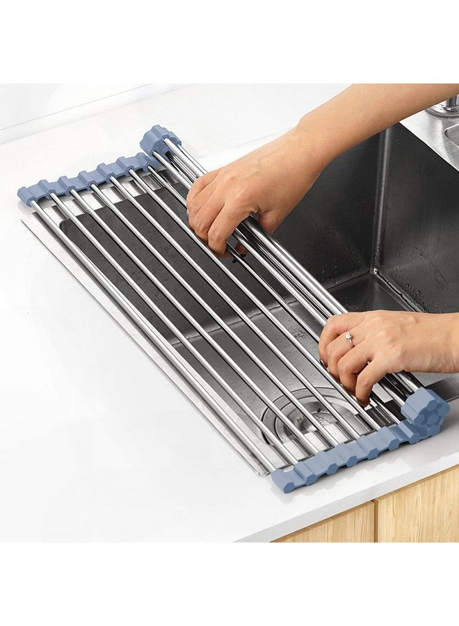MECHEER Over The Sink Dish Drying Rack, Roll Up Dish Drying Rack Kitchen Dishes Rack Stainless Steel Sink Drying Racks, Foldable Dishes Drainer, Gray (17.5''x15.7'') - Image 1
