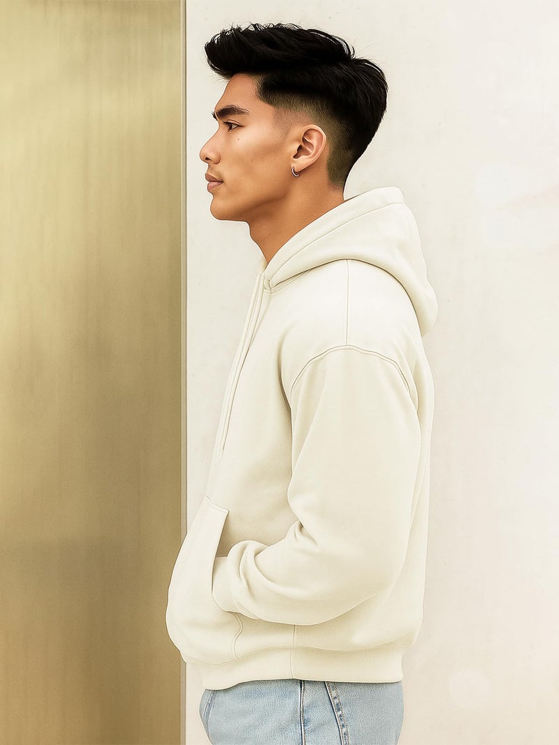 Jump Cuts Mens Solid Hooded Neck Full Sleeve Cream LoopKnit Sweatshirt - Image 4