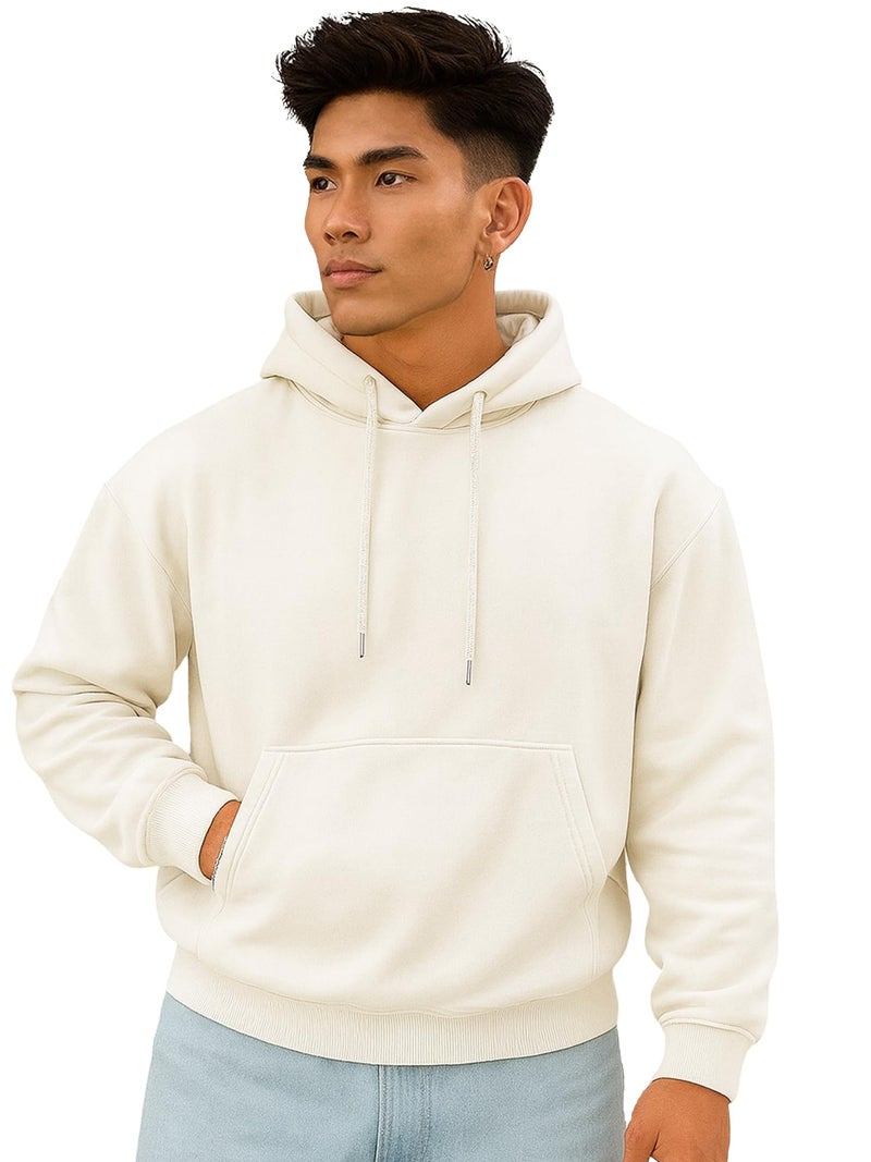 Jump Cuts Mens Solid Hooded Neck Full Sleeve Cream LoopKnit Sweatshirt - Image 1