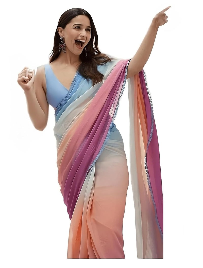 Sidhidata ساري سيدي داتا النسائي متعدد الألوان بطباعة نقية من جورجيت مع قطعة بلوز غير مخيطة - Image 1