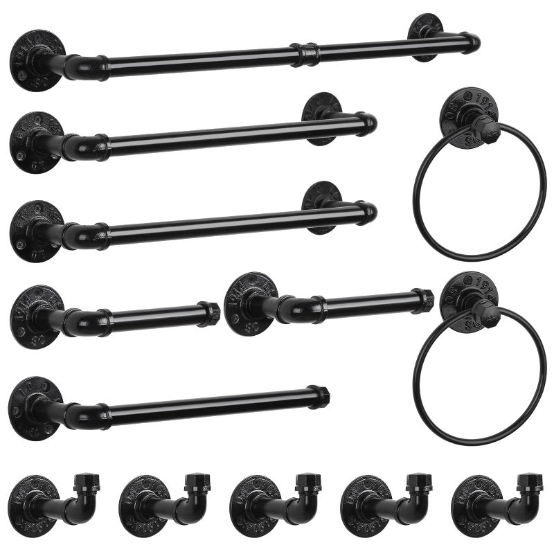 CADUKE 13Pieces Towel Bar Set Black Bathroom Hardware Set Industrial Pipe Bath Towel Rack Accessories Kit Wall Hand Towel Bar Toilet Paper Holder Towel Ring Robe Towel Hooks Kitchen Tissue Paper Hanger