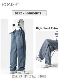 roaiss Straight Leg Loose Fit Jeans for Men Elastic Waist Drawstring Jeans for Male Retro Distressed Washed Denim Trousers Mens Casual Cargo Pants High Street Style  - Image 5