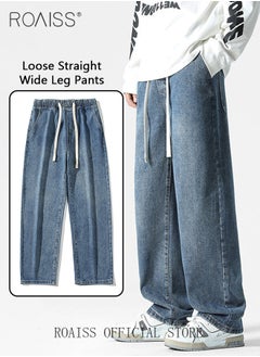roaiss Straight Leg Loose Fit Jeans for Men Elastic Waist Drawstring Jeans for Male Retro Distressed Washed Denim Trousers Mens Casual Cargo Pants High Street Style  - Image 1