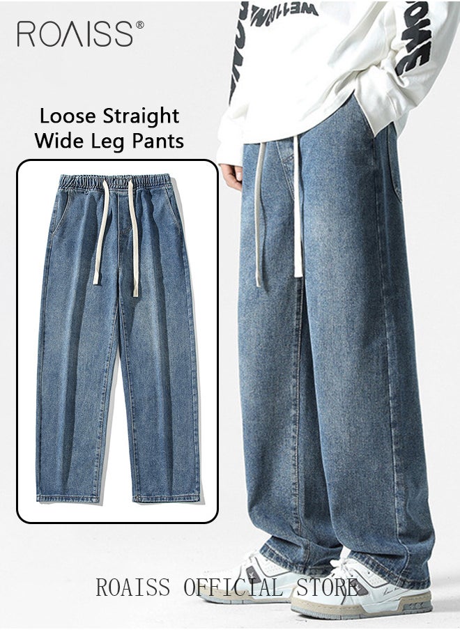 roaiss Straight Leg Loose Fit Jeans for Men Elastic Waist Drawstring Jeans for Male Retro Distressed Washed Denim Trousers Mens Casual Cargo Pants High Street Style  - Image 1
