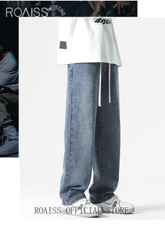 roaiss Straight Leg Loose Fit Jeans for Men Elastic Waist Drawstring Jeans for Male Retro Distressed Washed Denim Trousers Mens Casual Cargo Pants High Street Style  - Image 4