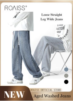 roaiss Straight Leg Loose Fit Jeans for Men Elastic Waist Drawstring Jeans for Male Retro Distressed Washed Denim Trousers Mens Casual Cargo Pants High Street Style  - Image 2