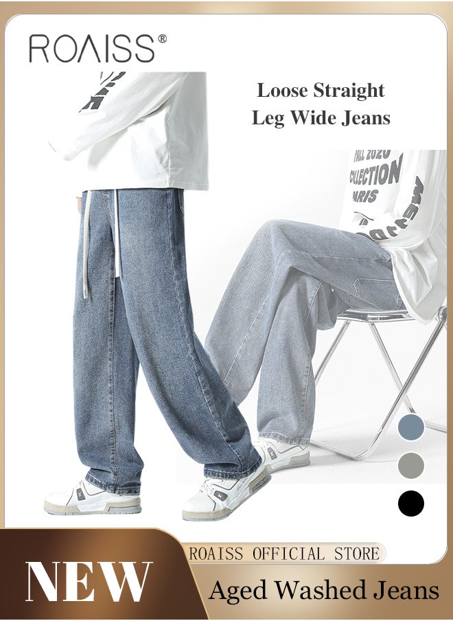 roaiss Straight Leg Loose Fit Jeans for Men Elastic Waist Drawstring Jeans for Male Retro Distressed Washed Denim Trousers Mens Casual Cargo Pants High Street Style  - Image 2