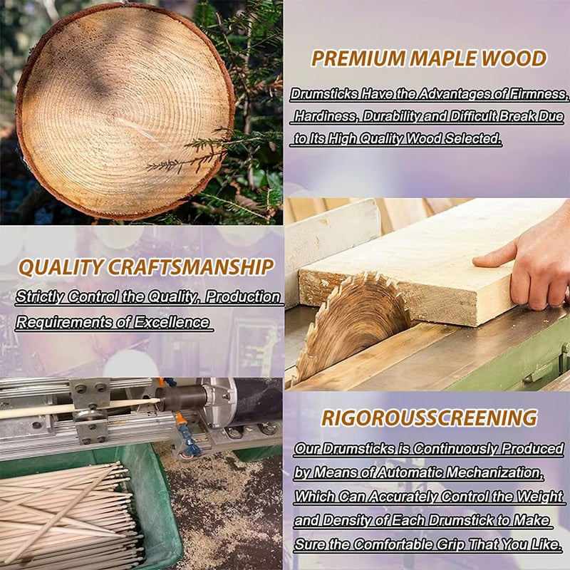 HASTHIP عصا الطبول 5A من خشب القيقب، مجموعة عصي طبل 2 زوج بطول 16 بوصة، ملحقات الطبول للبالغين والشباب، طرف خشبي بيضاوي، مثالية للمحترفين والمبتدئين - Image 4