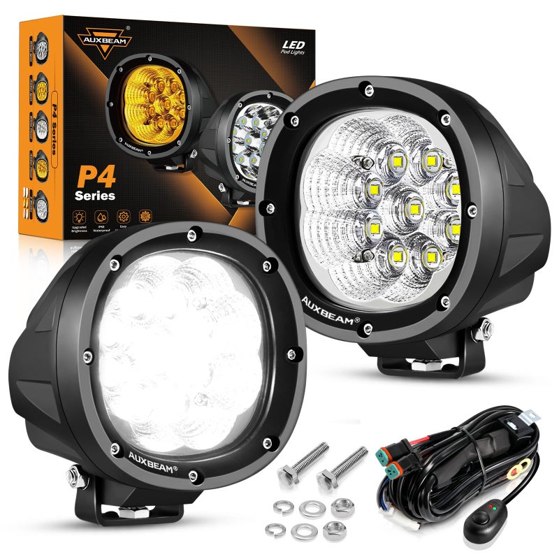 Auxbeam 4 Inch Round LED Light Pods 90W Offroad Flood White Light Bar Super Bright 9000LM Driving Work Light with DT Plug Wiring Harness Kit for Truck Boat Pickup ATV UTV SUV2PCS