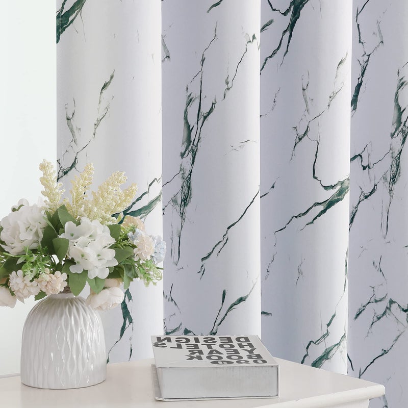 H.VERSAILTEX 100% Blackout Curtains 63 inch Length 2 Panels Set Marble Designs Printed Drapes Thermal Curtains for Bedroom with Black Liner Sound Proof Curtains  Antique Green - Image 1