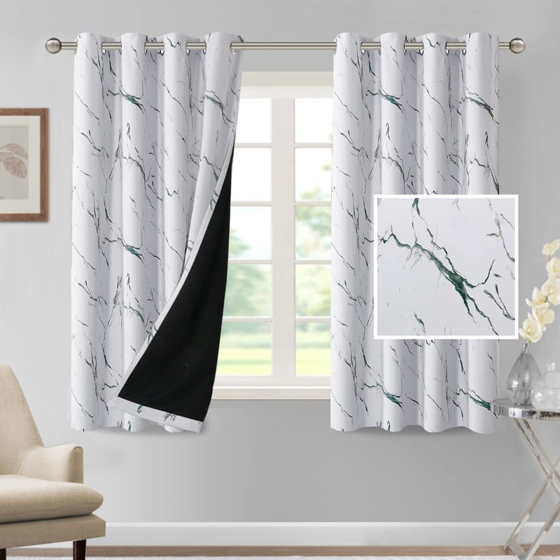 H.VERSAILTEX 100% Blackout Curtains 63 inch Length 2 Panels Set Marble Designs Printed Drapes Thermal Curtains for Bedroom with Black Liner Sound Proof Curtains  Antique Green - Image 2