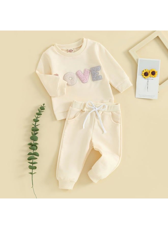 Socutebabe 2Pcs Set Infant Baby Girl Fall Clothes Daddys Girl Long Sleeve Crewneck Sweatshirt+Joggers Pants Winter Outfit Set, Love-apricot, 18-24 Months - Image 2