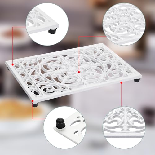 Sumnacon 2 Pack Rectangle Cast Iron Trivets, Rustic Iron Hot Dish Plate Trivet for Kitchen Countertop Dining Table (White, 9.6 x 6.3 Inch) - Image 4