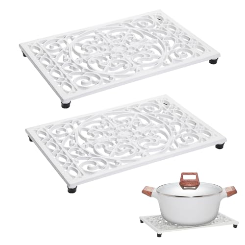 Sumnacon 2 Pack Rectangle Cast Iron Trivets, Rustic Iron Hot Dish Plate Trivet for Kitchen Countertop Dining Table (White, 9.6 x 6.3 Inch) - Image 1