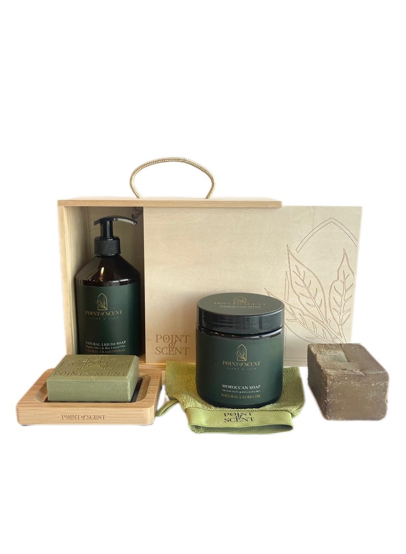 POINT of SCENT Natural laurel soap Pack (Includes Traditional laurel soap , liquid soap , Morrocan gel soap, Morrocan luffa, soap bar , Wooden soap holder) - Image 1