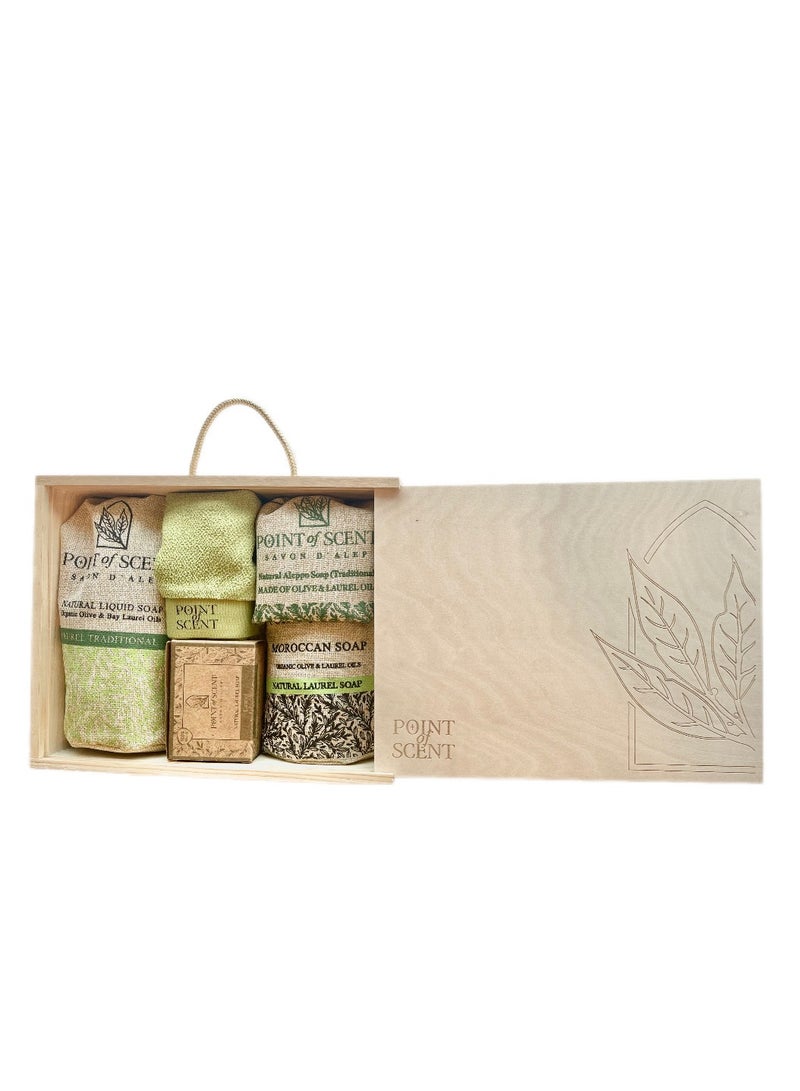 POINT of SCENT Natural laurel soap Pack (Includes Traditional laurel soap , liquid soap , Morrocan gel soap, Morrocan luffa, soap bar , Wooden soap holder) - Image 2