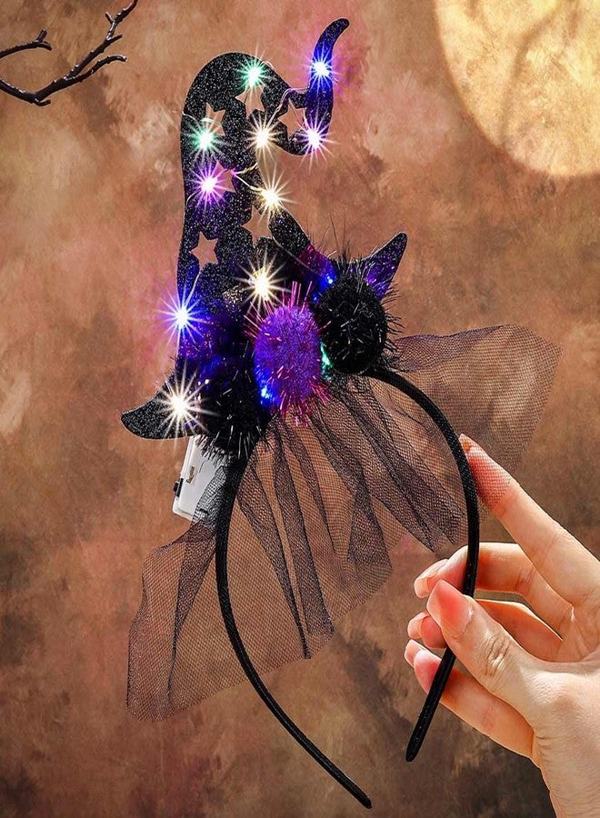 Outyua Light up Halloween Witch Hat Headband Led Black Witch Hats Headpiece Witches Hats for Women - Image 2