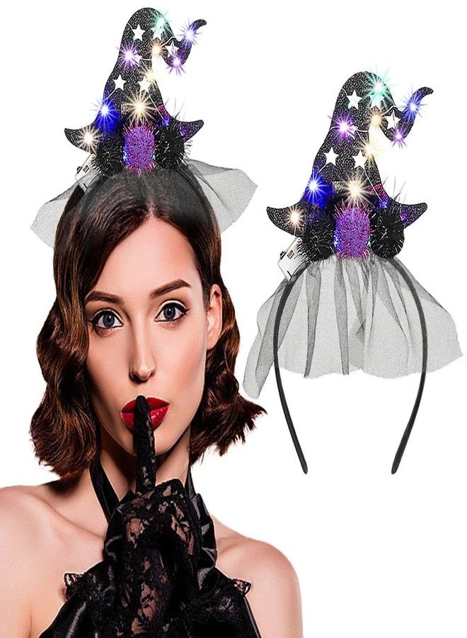 Outyua Light up Halloween Witch Hat Headband Led Black Witch Hats Headpiece Witches Hats for Women - Image 1