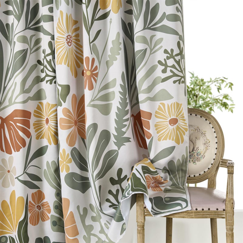 RoomTalks Cute Floral Blackout Window Curtains for Bedroom Living Room 84 Inches Length 2 Panels, Colorful Boho Matisse Flowers Botanical Curtain Panels Funky Aesthetic Window Drapes Green and Orange - Image 2