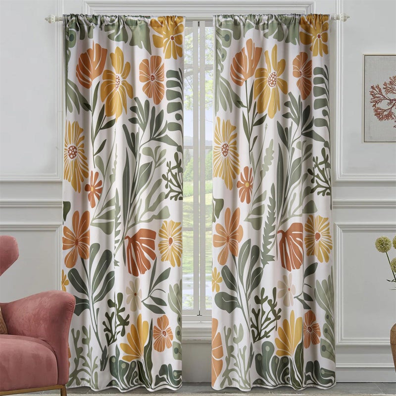 RoomTalks Cute Floral Blackout Window Curtains for Bedroom Living Room 84 Inches Length 2 Panels, Colorful Boho Matisse Flowers Botanical Curtain Panels Funky Aesthetic Window Drapes Green and Orange - Image 1