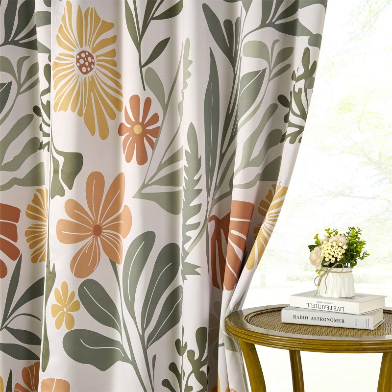 RoomTalks Cute Floral Blackout Window Curtains for Bedroom Living Room 84 Inches Length 2 Panels, Colorful Boho Matisse Flowers Botanical Curtain Panels Funky Aesthetic Window Drapes Green and Orange - Image 3
