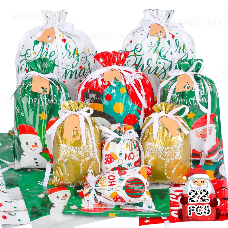 VIMUSFUN Drawstrings Christmas Gift Bags Assorted Sizes, 22Pcs Holiday Gift Bag Bulk Christmas Bags For Gifts - Image 1