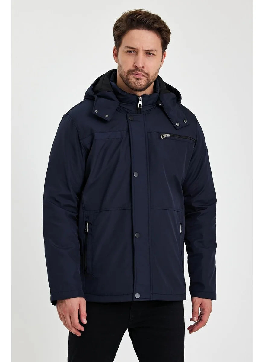 Sivaist Navy Blue Thick Fur Lined Detachable Hooded Zipper Pocket Wind and Waterproof Jacket&Coat