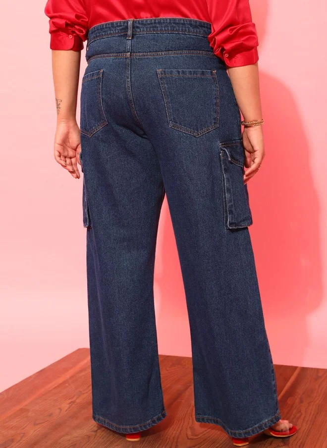CURVY STREET Plus Size Dark Blue Wide Leg Cargo Jeans for Women