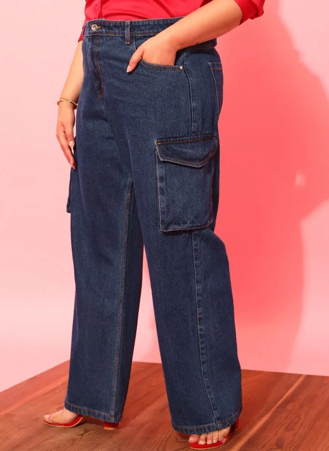 CURVY STREET Plus Size Dark Blue Wide Leg Cargo Jeans for Women
