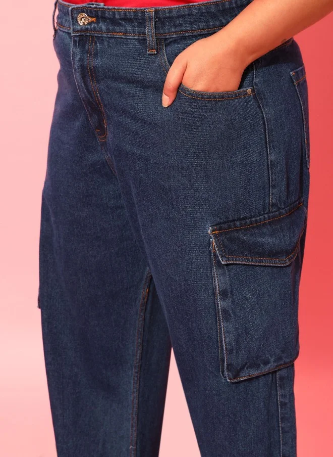 CURVY STREET Plus Size Dark Blue Wide Leg Cargo Jeans for Women