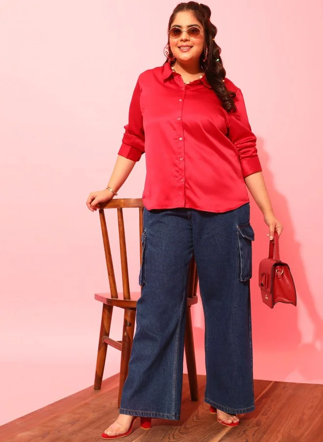 CURVY STREET Plus Size Dark Blue Wide Leg Cargo Jeans for Women