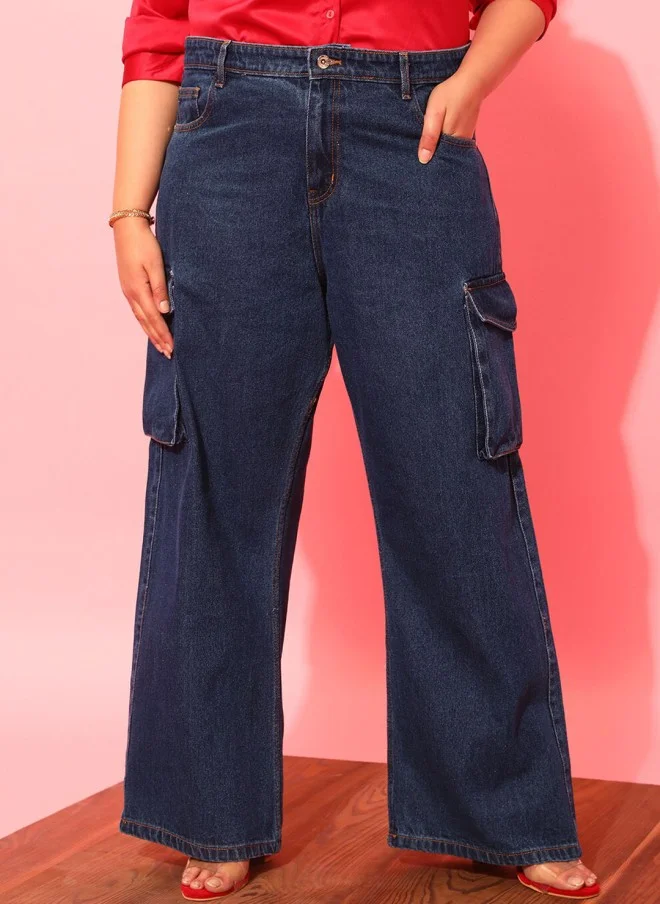 CURVY STREET Plus Size Dark Blue Wide Leg Cargo Jeans for Women